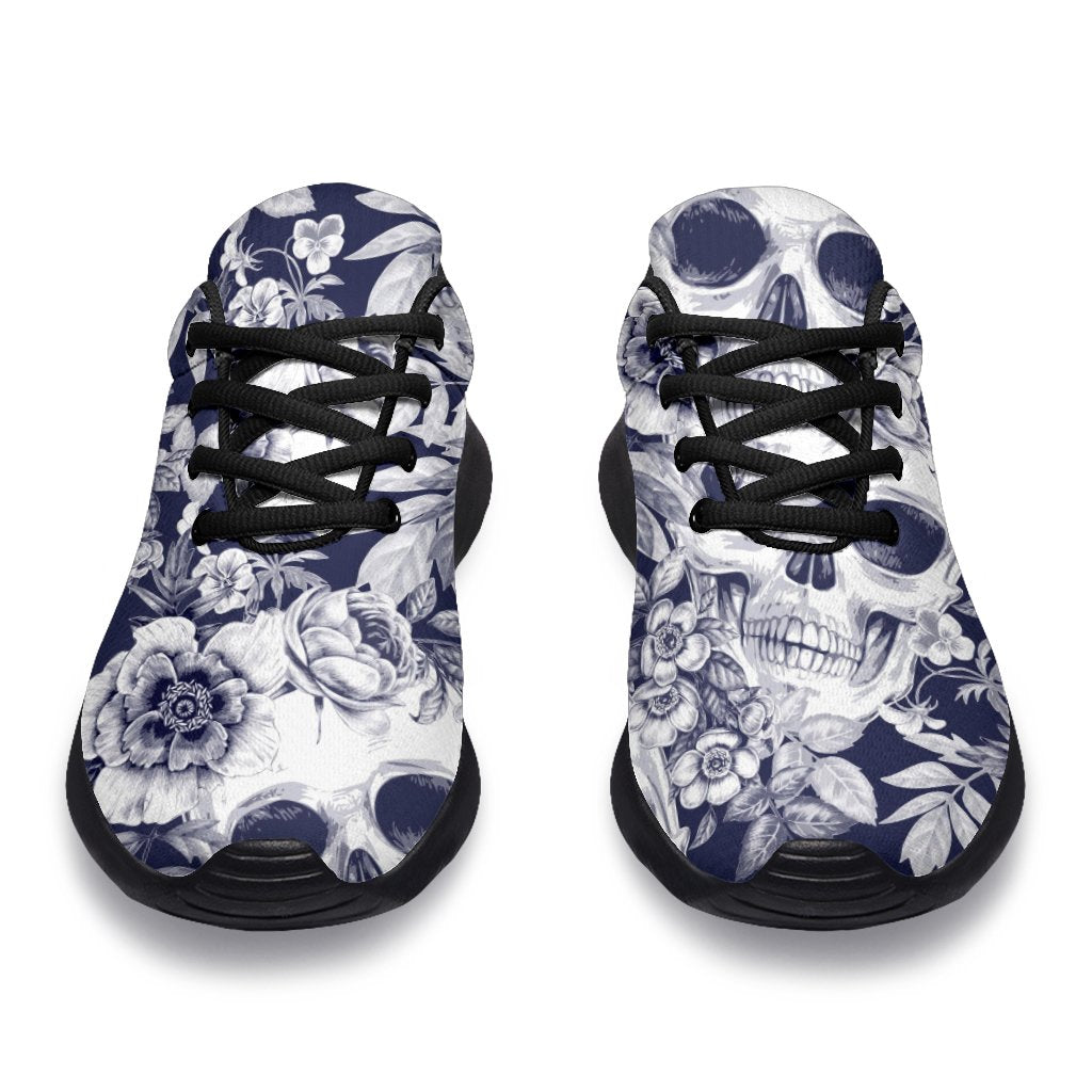 White Blue Skull Floral Pattern Print Sport Shoes GearFrost