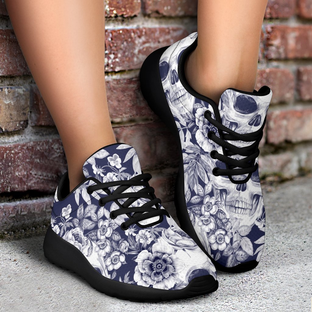 White Blue Skull Floral Pattern Print Sport Shoes GearFrost