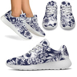White Blue Skull Floral Pattern Print Sport Shoes GearFrost