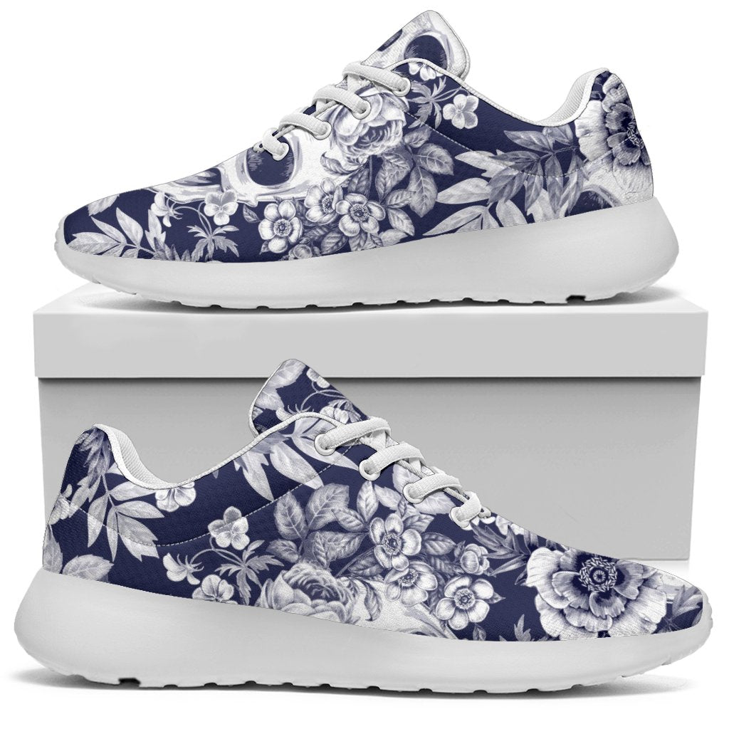 White Blue Skull Floral Pattern Print Sport Shoes GearFrost