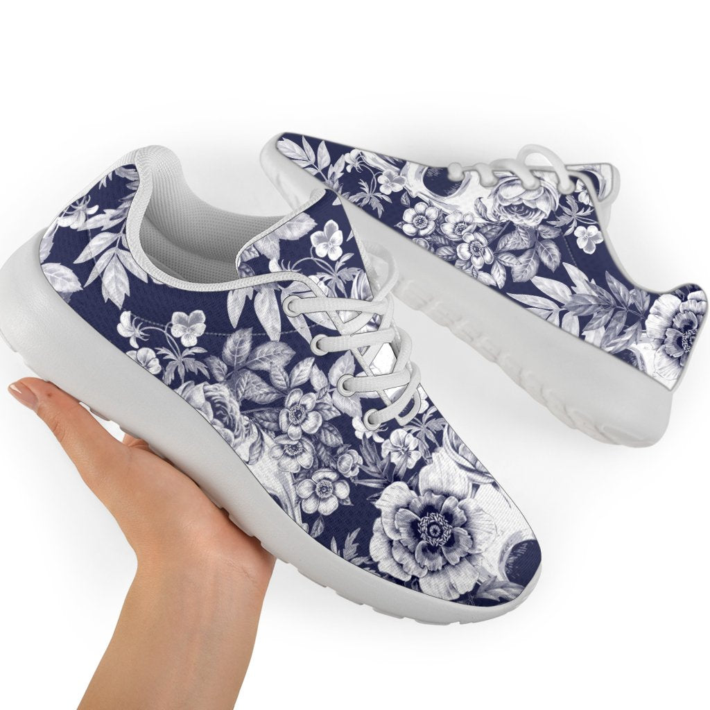 White Blue Skull Floral Pattern Print Sport Shoes GearFrost