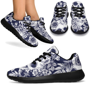 White Blue Skull Floral Pattern Print Sport Shoes GearFrost