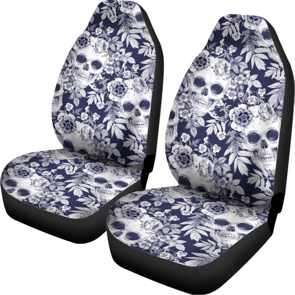 White Blue Skull Floral Pattern Print Universal Fit Car Seat Covers