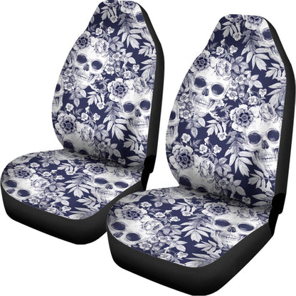 White Blue Skull Floral Pattern Print Universal Fit Car Seat Covers