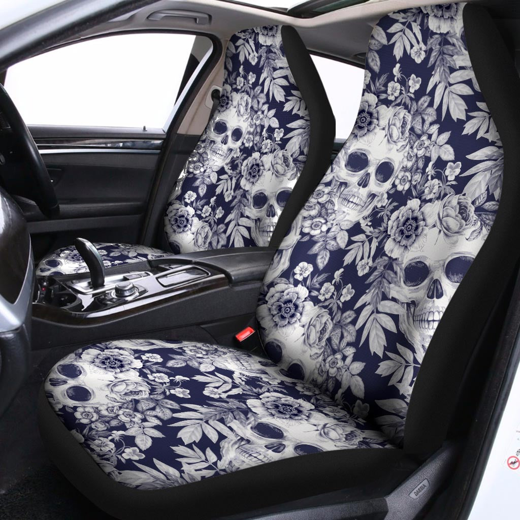 White Blue Skull Floral Pattern Print Universal Fit Car Seat Covers