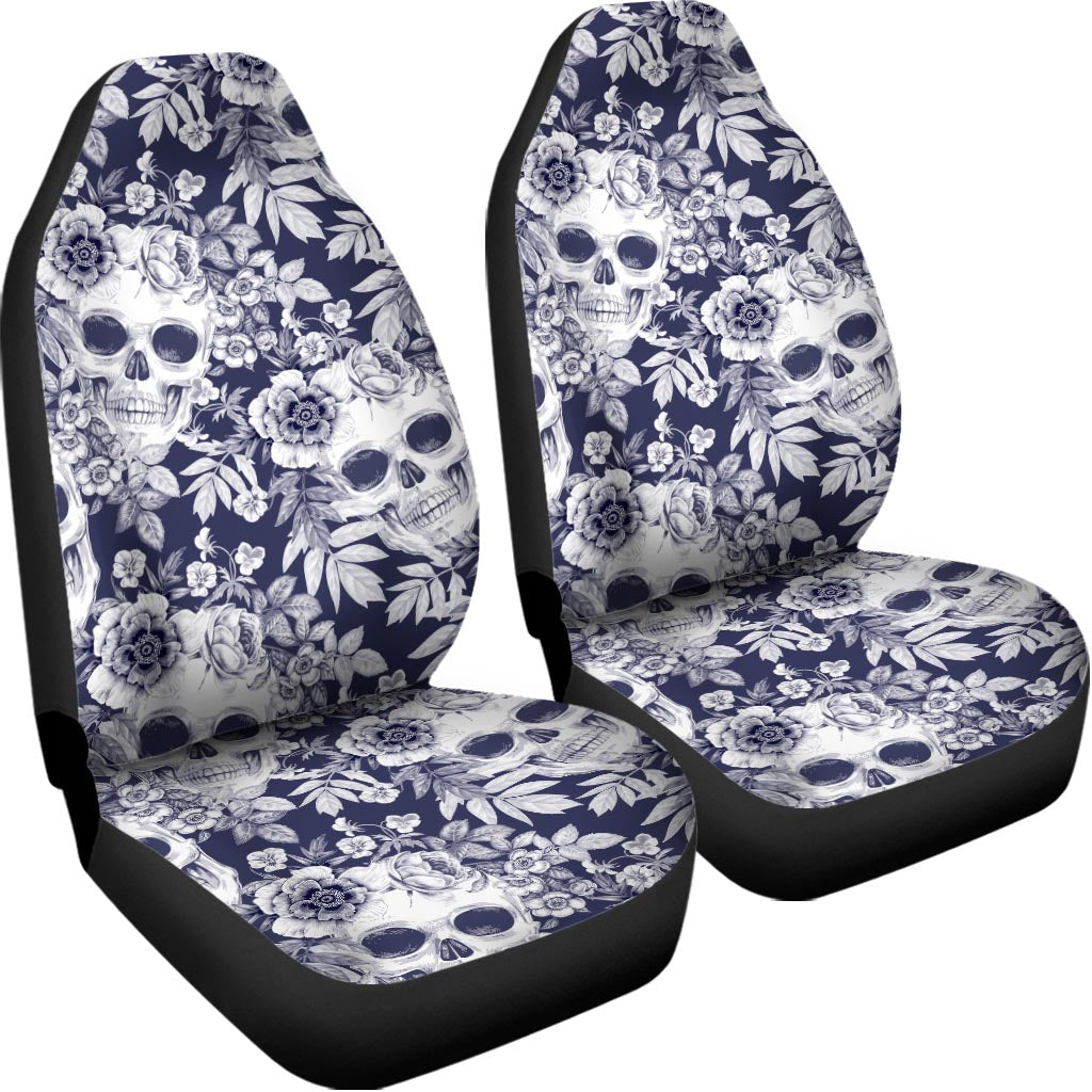 White Blue Skull Floral Pattern Print Universal Fit Car Seat Covers