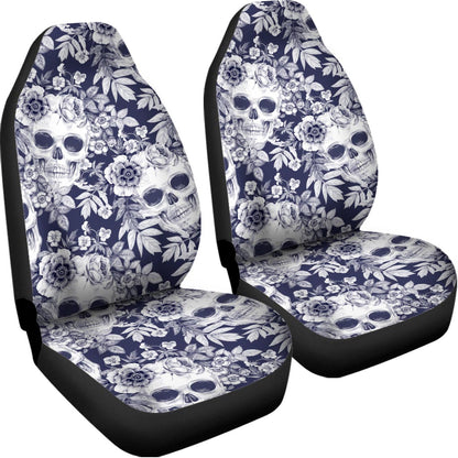 White Blue Skull Floral Pattern Print Universal Fit Car Seat Covers