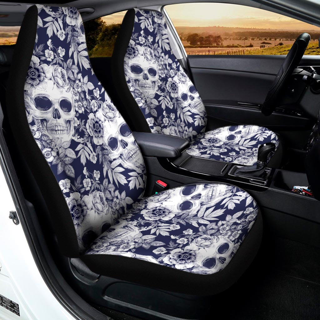 White Blue Skull Floral Pattern Print Universal Fit Car Seat Covers