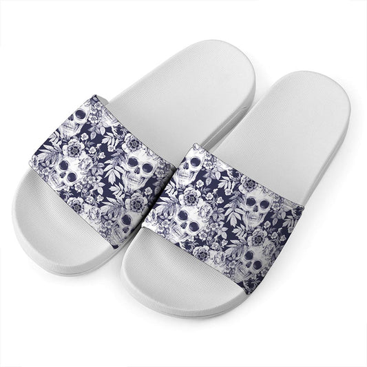 White Blue Skull Floral Pattern Print White Slide Sandals