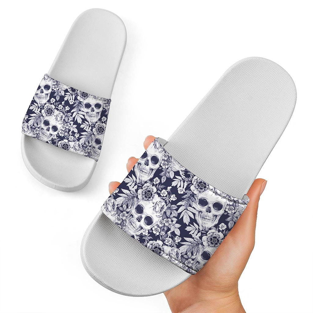 White Blue Skull Floral Pattern Print White Slide Sandals