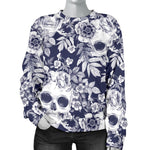 White Blue Skull Floral Pattern Print Women's Crewneck Sweatshirt GearFrost