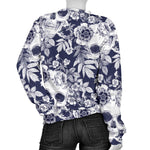 White Blue Skull Floral Pattern Print Women's Crewneck Sweatshirt GearFrost