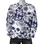 White Blue Skull Floral Pattern Print Women's Crewneck Sweatshirt GearFrost