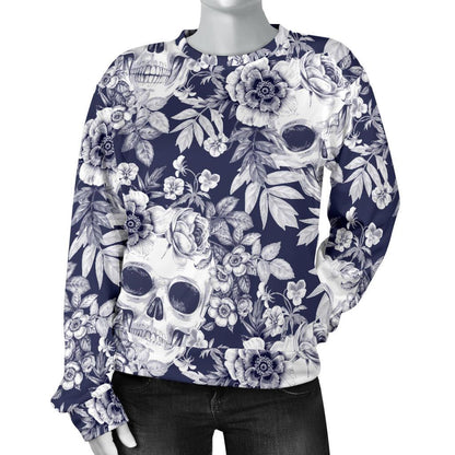 White Blue Skull Floral Pattern Print Women's Crewneck Sweatshirt GearFrost