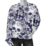 White Blue Skull Floral Pattern Print Women's Crewneck Sweatshirt GearFrost