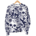 White Blue Skull Floral Pattern Print Women's Crewneck Sweatshirt