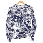 White Blue Skull Floral Pattern Print Women's Crewneck Sweatshirt GearFrost
