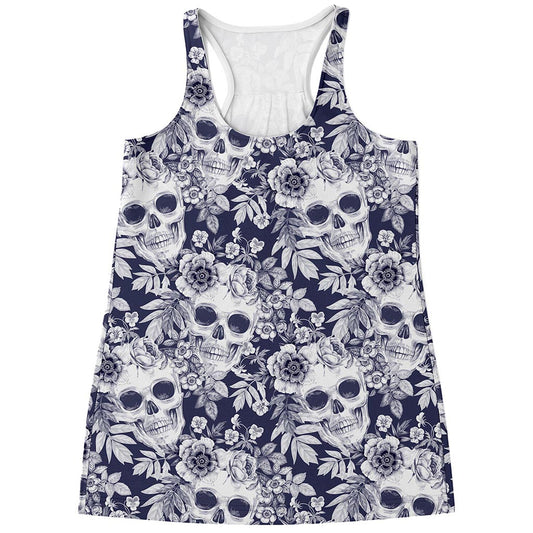 White Blue Skull Floral Pattern Print Women's Racerback Tank Top