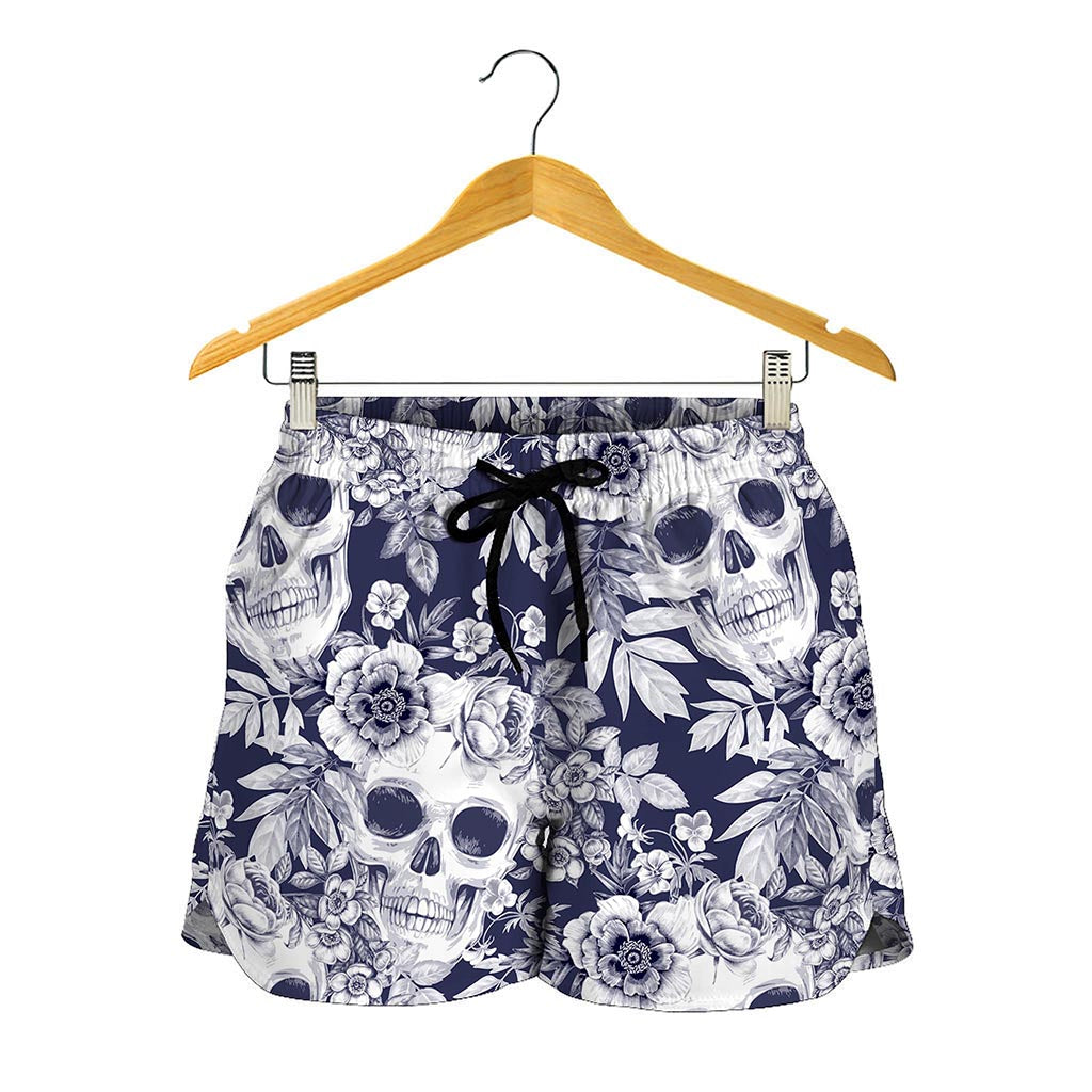 White Blue Skull Floral Pattern Print Women's Shorts