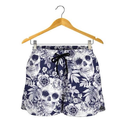 White Blue Skull Floral Pattern Print Women's Shorts