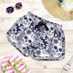 White Blue Skull Floral Pattern Print Women's Shorts