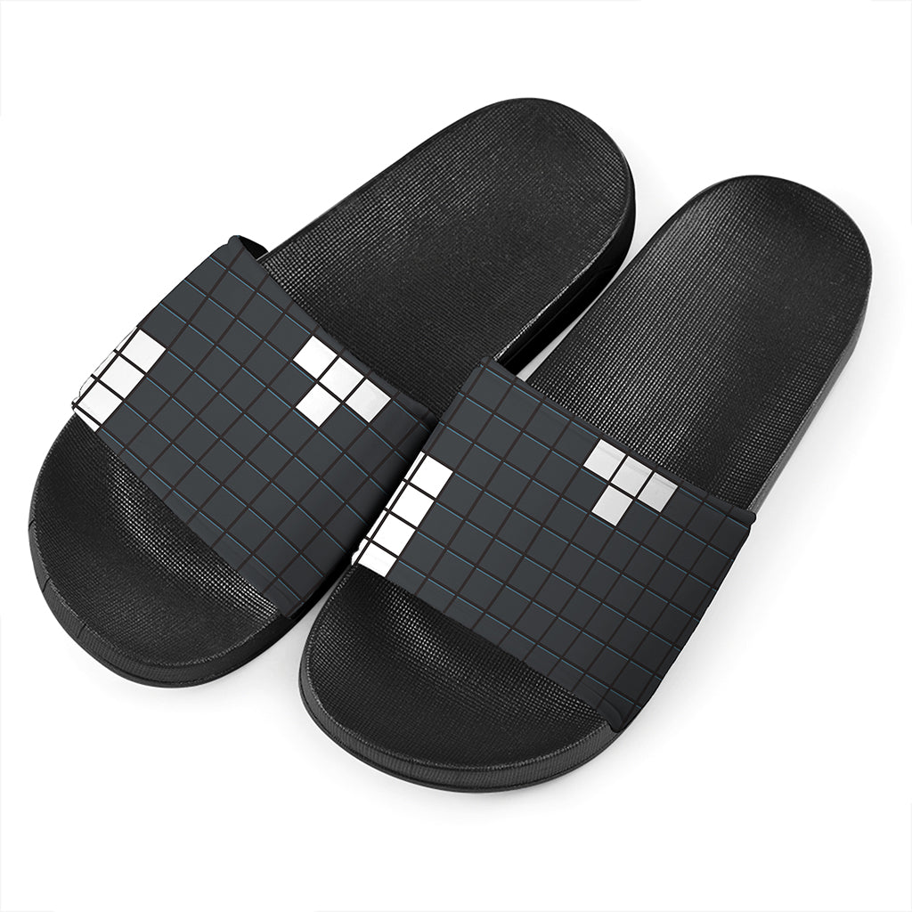 White Brick Puzzle Video Game Print Black Slide Sandals
