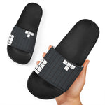 White Brick Puzzle Video Game Print Black Slide Sandals