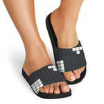 White Brick Puzzle Video Game Print Black Slide Sandals