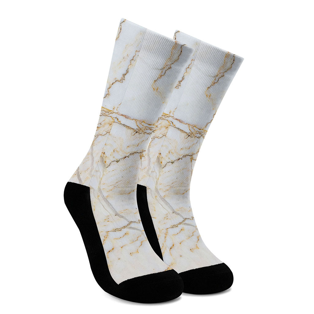 White Brown Grunge Marble Print Crew Socks