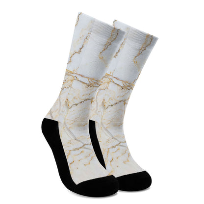 White Brown Grunge Marble Print Crew Socks