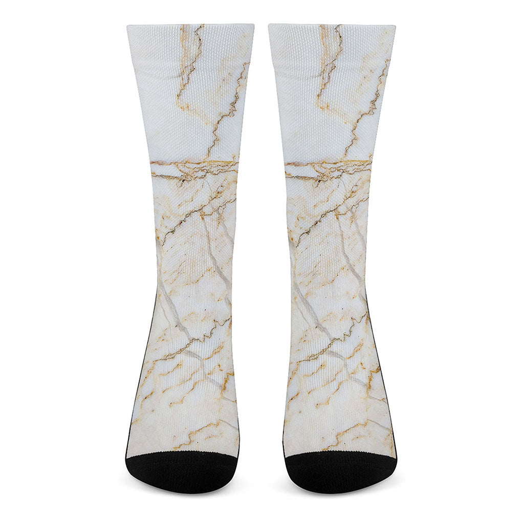 White Brown Grunge Marble Print Crew Socks