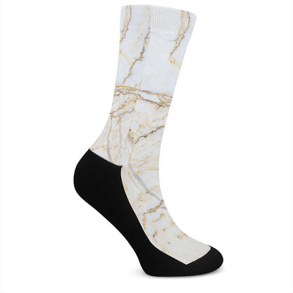 White Brown Grunge Marble Print Crew Socks