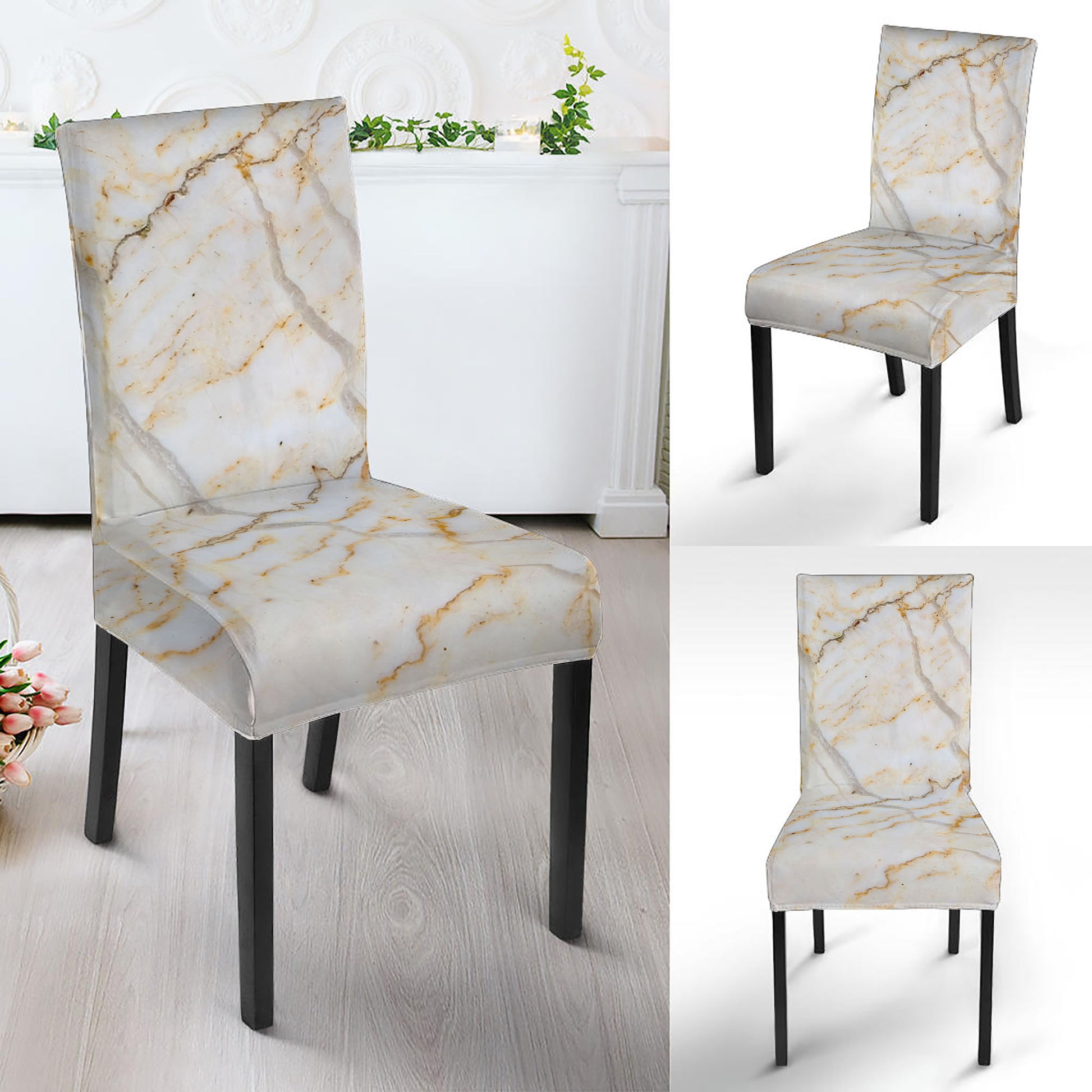 White Brown Grunge Marble Print Dining Chair Slipcover