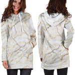 White Brown Grunge Marble Print Hoodie Dress GearFrost