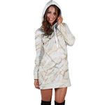 White Brown Grunge Marble Print Hoodie Dress GearFrost