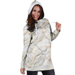 White Brown Grunge Marble Print Hoodie Dress GearFrost