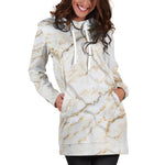 White Brown Grunge Marble Print Hoodie Dress GearFrost