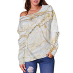 White Brown Grunge Marble Print Off Shoulder Sweatshirt GearFrost