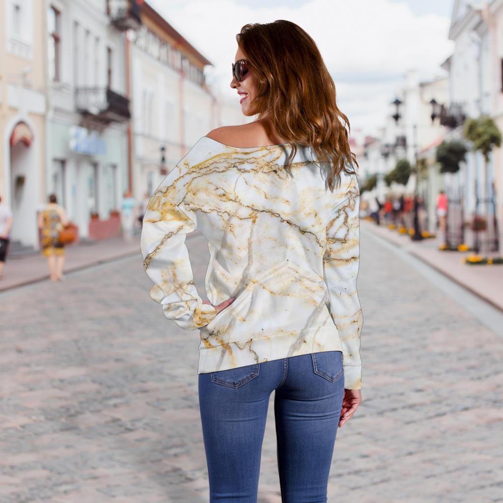 White Brown Grunge Marble Print Off Shoulder Sweatshirt GearFrost