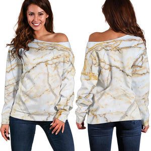 White Brown Grunge Marble Print Off Shoulder Sweatshirt GearFrost