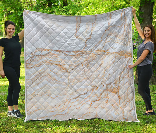 White Brown Grunge Marble Print Quilt