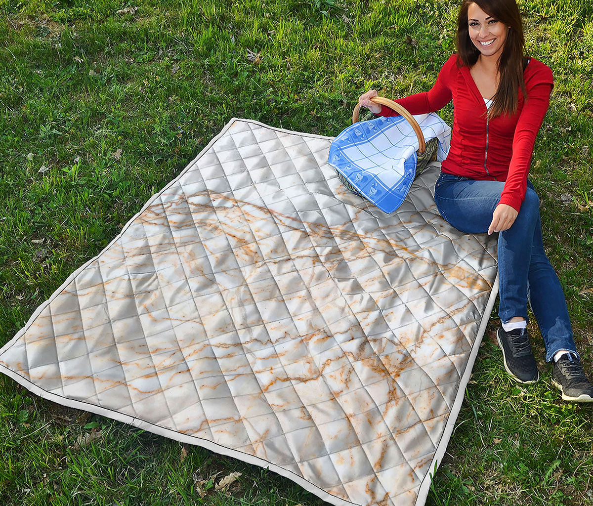 White Brown Grunge Marble Print Quilt