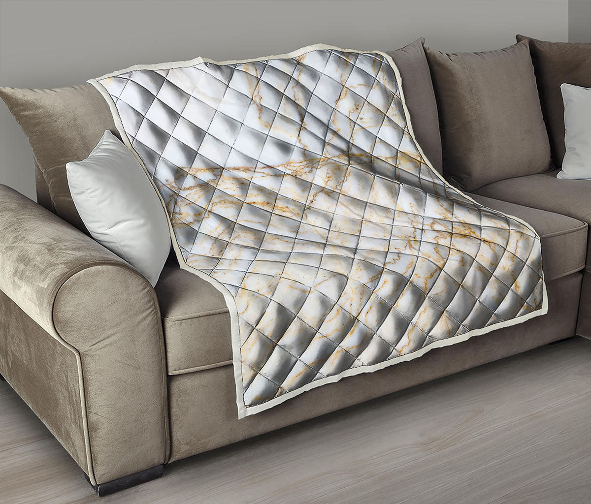 White Brown Grunge Marble Print Quilt