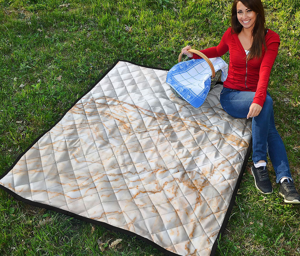White Brown Grunge Marble Print Quilt