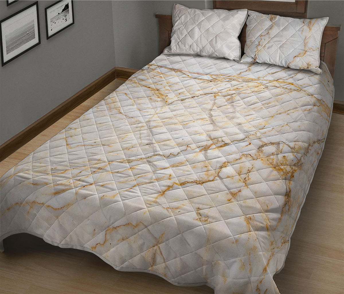 White Brown Grunge Marble Print Quilt Bed Set