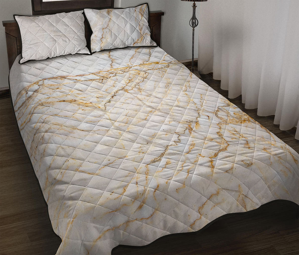 White Brown Grunge Marble Print Quilt Bed Set