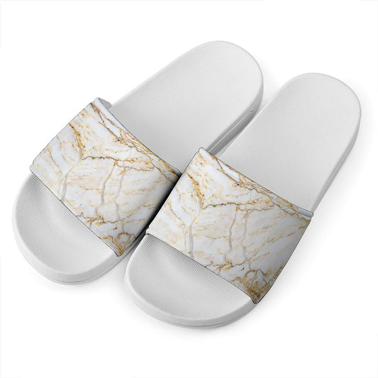 White Brown Grunge Marble Print White Slide Sandals
