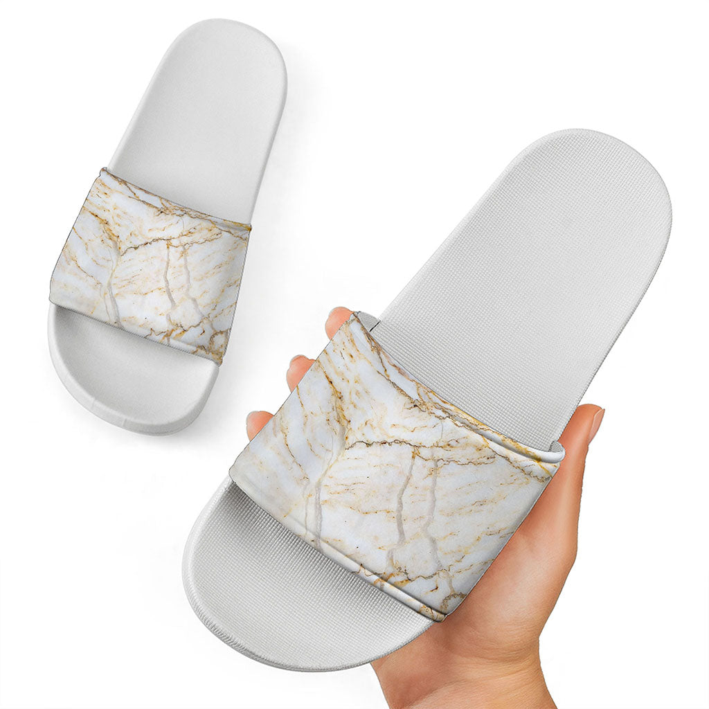 White Brown Grunge Marble Print White Slide Sandals