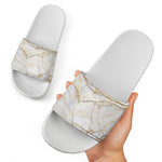 White Brown Grunge Marble Print White Slide Sandals