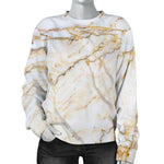 White Brown Grunge Marble Print Women's Crewneck Sweatshirt GearFrost
